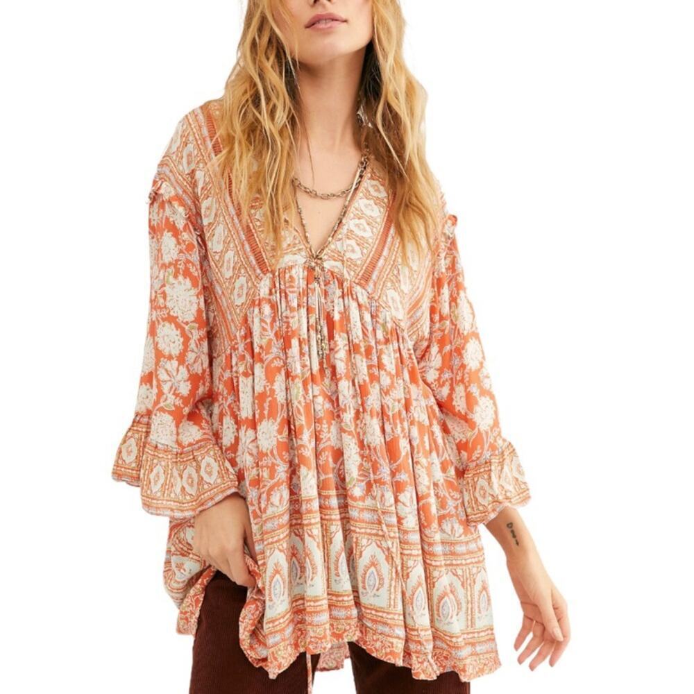 Free People Moonlight Dance Red Orange Boho Printed Tunic